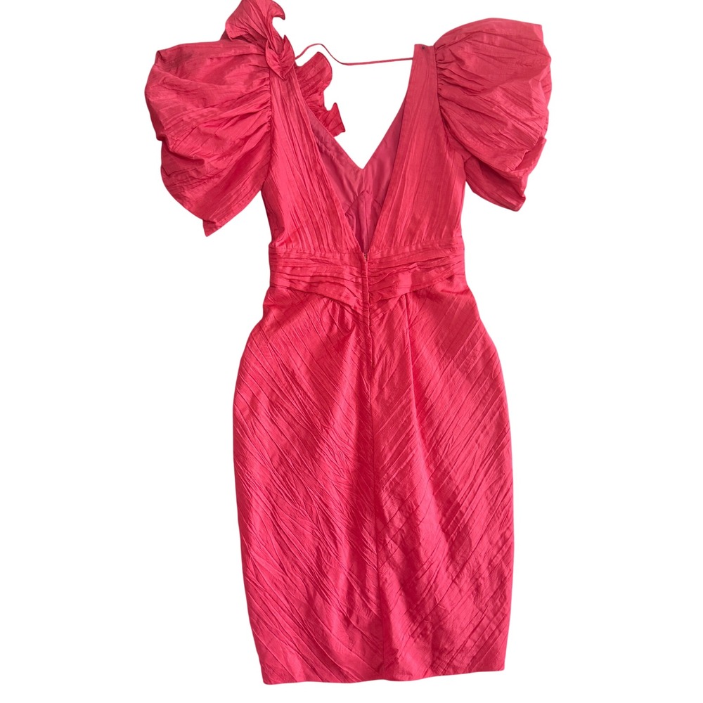 Vintage 80s Pink Puff Sleeve Cocktail Dress sz 10 Hot Pink Ruffle Ruched - Picture 2 of 10